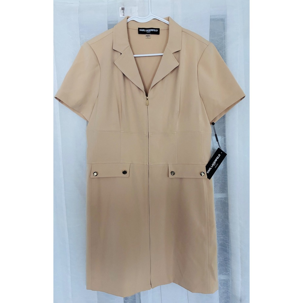 NWT Karl Lagerfeld Paris Women Zip Front Short Sleeve Mini Dress Beige 14